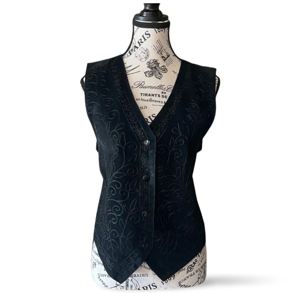 90s Black Suede Embroidered Vest – Size M